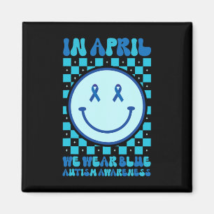In April We Wear Blue Retro Groovy Autism Awarenes Magnet