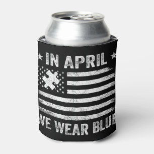 In April We Wear Blue Vintage American Flag Puzzle Can Cooler