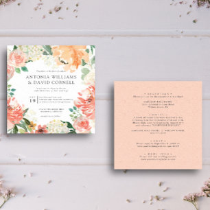 In bloom   All in one Peach Pink Botanical wedding Invitation