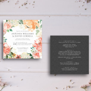 In bloom All in one Peach Pink Botanical wedding Invitation