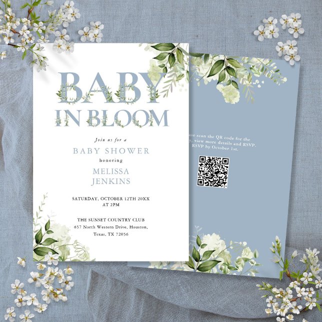 In Bloom Dusty Blue Greenery QR Code Baby Shower Invitation (In Bloom Dusty Blue Greenery QR Code Baby Shower Invitation)