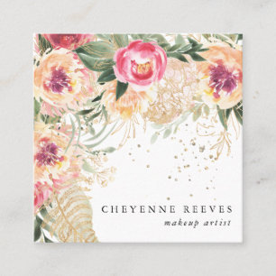 In Bloom   Elegant Watercolor Pink Peony Floral Square Business Card