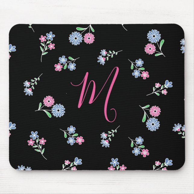 In Bloom Monogrammed Initial Pink Blue Pattern Mouse Pad (Front)