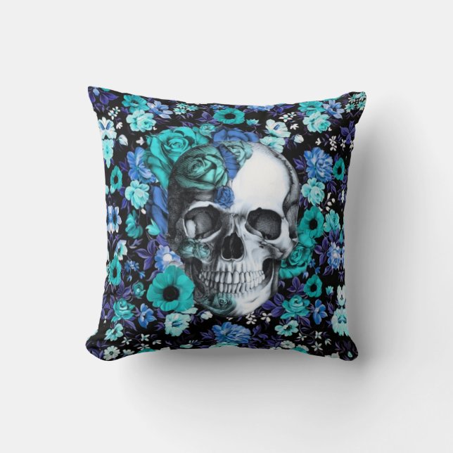 In bloom, teal rose skull cushion (Front)