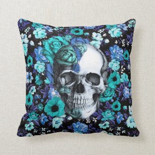 In bloom, teal rose skull cushion