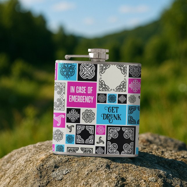 In Case Of Emergency Get Drunk Funny Black & White Hip Flask (Creator Uploaded)