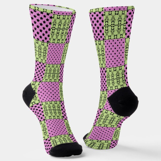 In dark multi-coloured tones, retro geometric socks (Angled)