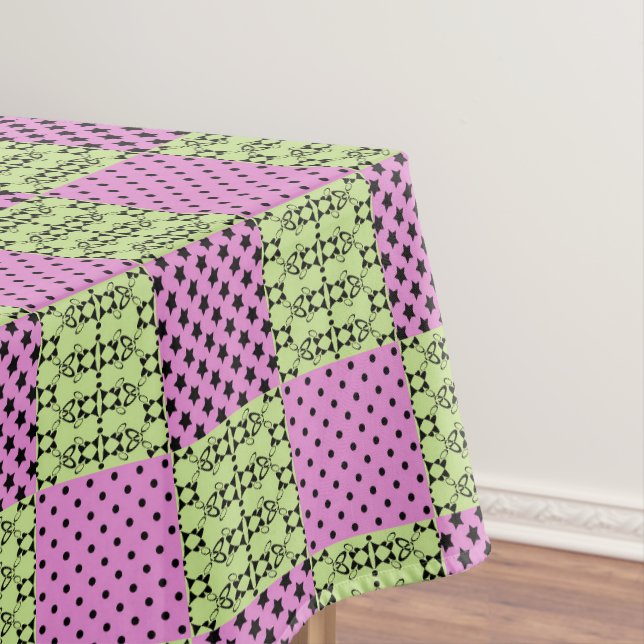 In dark multi-coloured tones, retro geometric tablecloth (In Situ)