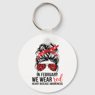 In February We Wear Red Messy Bun - Heart Disease Key Ring