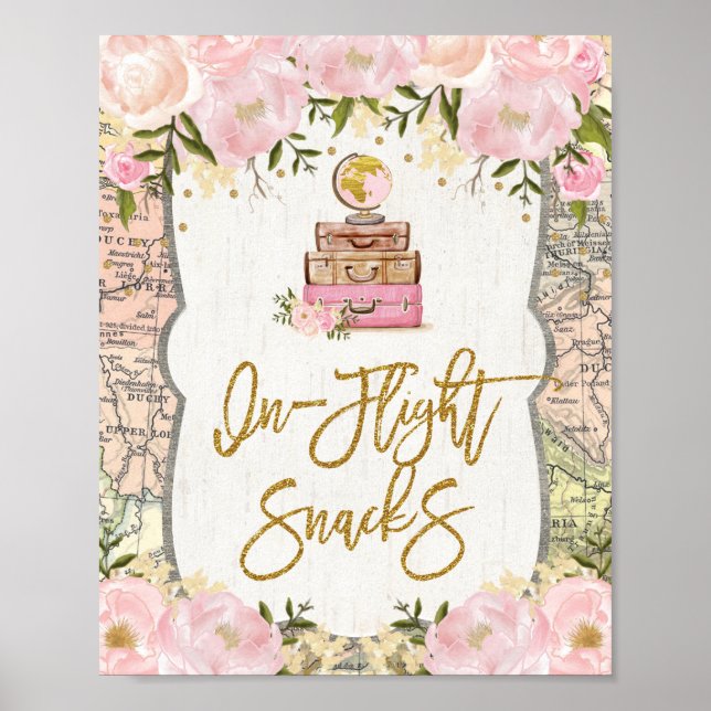 In-Flight Snacks Travel Map Floral Bridal Shower Poster (Front)