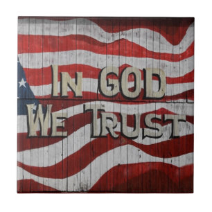 In God We Trust Rustic Barn Board American Flag Ceramic Tile
