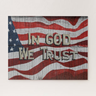 In God We Trust Rustic Barn Board American Flag Jigsaw Puzzle