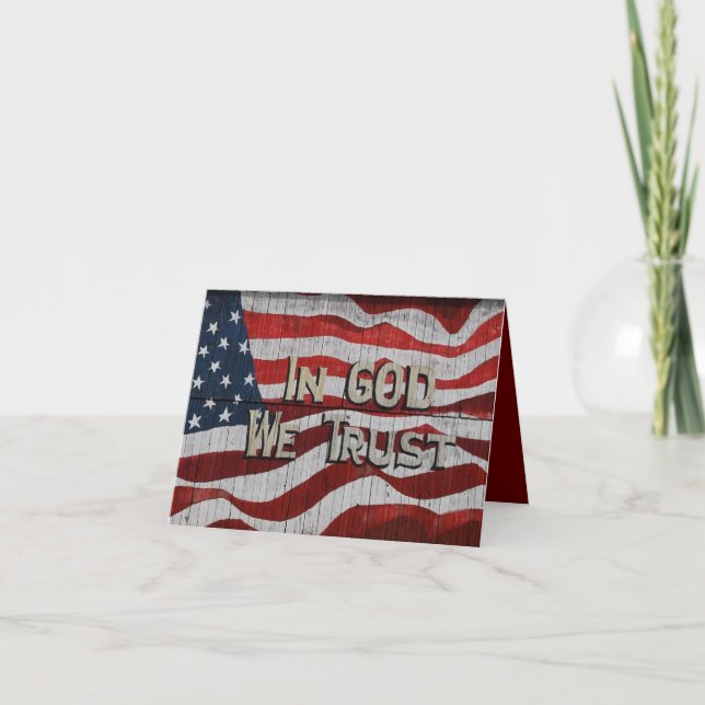 In God We Trust Rustic Barn Board American Flag Note Card (Front)