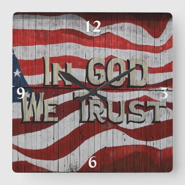 In God We Trust Rustic Barn Board American Flag Sq Square Wall Clock (Front)
