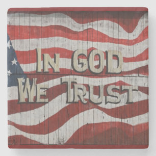 In God We Trust Rustic Barn Board American Flag Stone Coaster