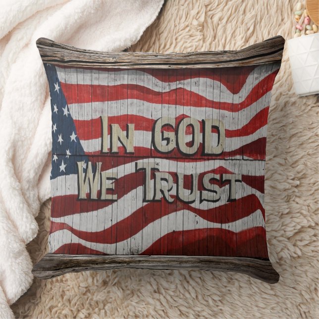 In God We Trust Rustic Barn Board American Flag Th Cushion (Blanket)