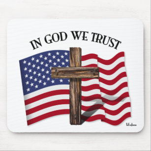 In God We Trust with rugged cross and US flag Mouse Pad