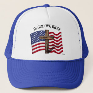 In God We Trust with rugged cross and US flag Trucker Hat