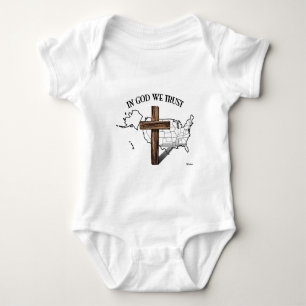 In God We Trust with rugged cross and US outline Baby Bodysuit
