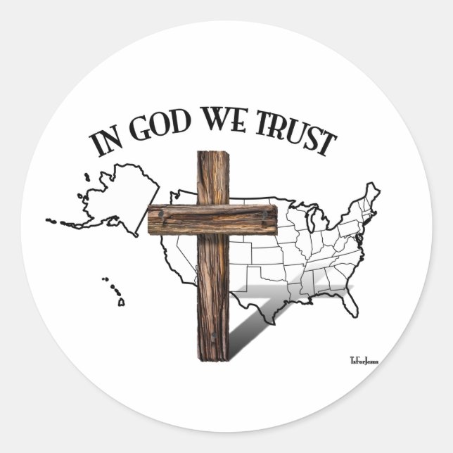 In God We Trust with rugged cross and US outline Classic Round Sticker (Front)