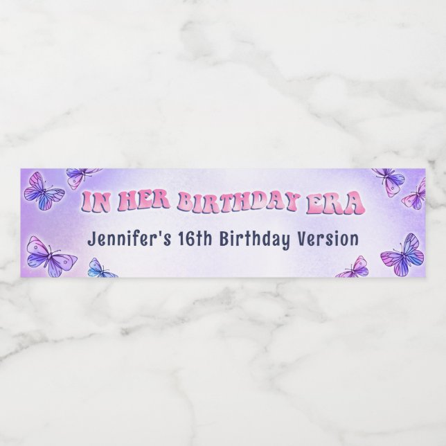 In Her Birthday Era Party Butterfly Water Bottle  Label (Single Label)