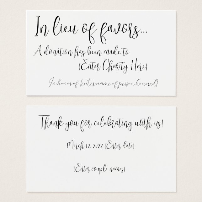 In lieu of favors donation card for wedding  (Front & Back)