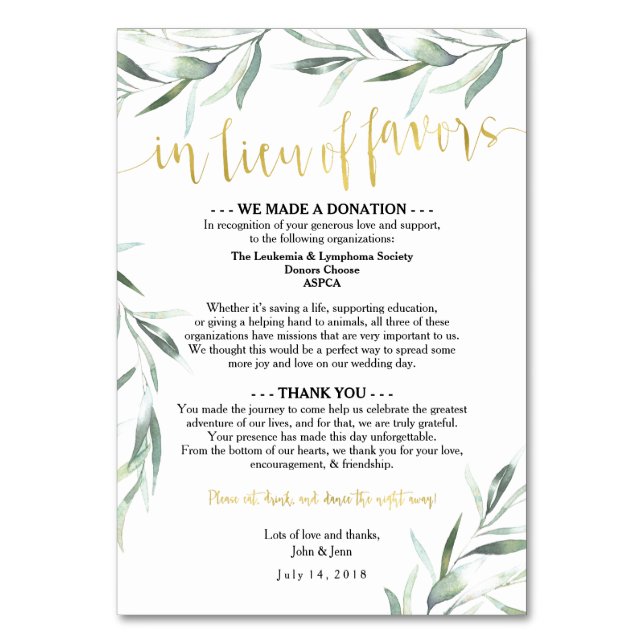 In Lieu of Favors for Jenn Table Number (Front)