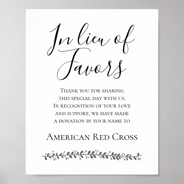 In Lieu Of Favours Charity Donation Wedding Sign (Front)