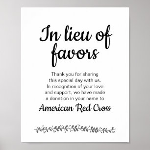 In Lieu Of Favours Charity Donation Wedding Sign