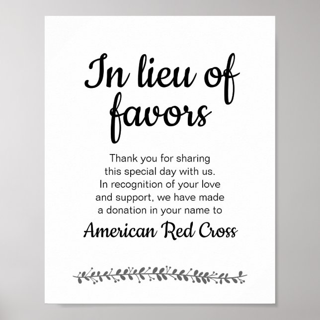 In Lieu Of Favours Charity Donation Wedding Sign (Front)