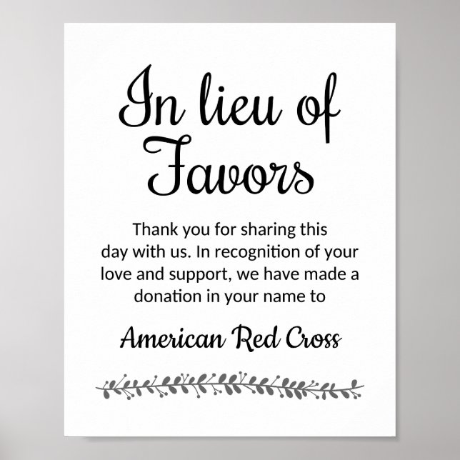 In Lieu Of Favours Charity Donation Wedding Sign (Front)