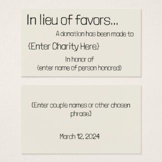 In lieu of favours donation card for wedding