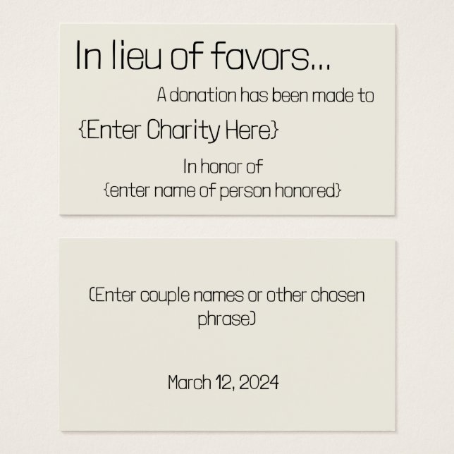 In lieu of favours donation card for wedding  (Front & Back)