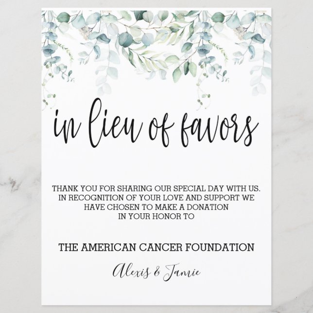 In Lieu of Favours Sign - Eucalyptus Wedding - V (Front)