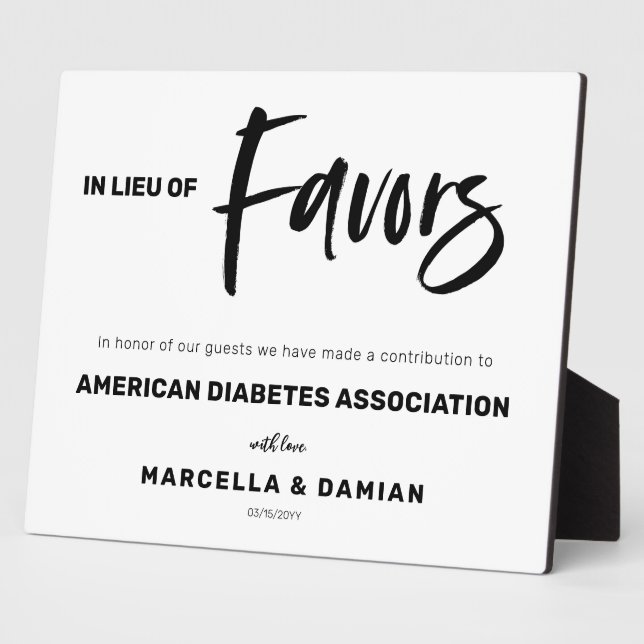 In lieu of favours sign Tabletop Plaque with Easel (Side)