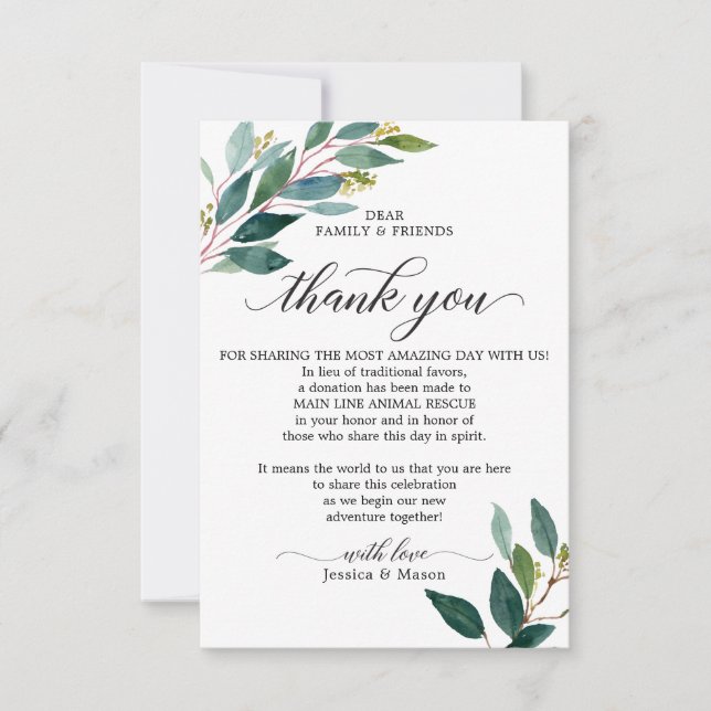 In Lieu of Favours Thank You Place Card Greenery (Front)