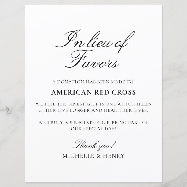 In Lieu of Favours Wedding Donation Sign (Front)