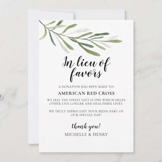 In Lieu of Favours Wedding Donation Sign Invitation (Front)