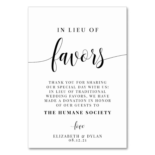 In Lieu Of Favours Wedding Table Card (Front)