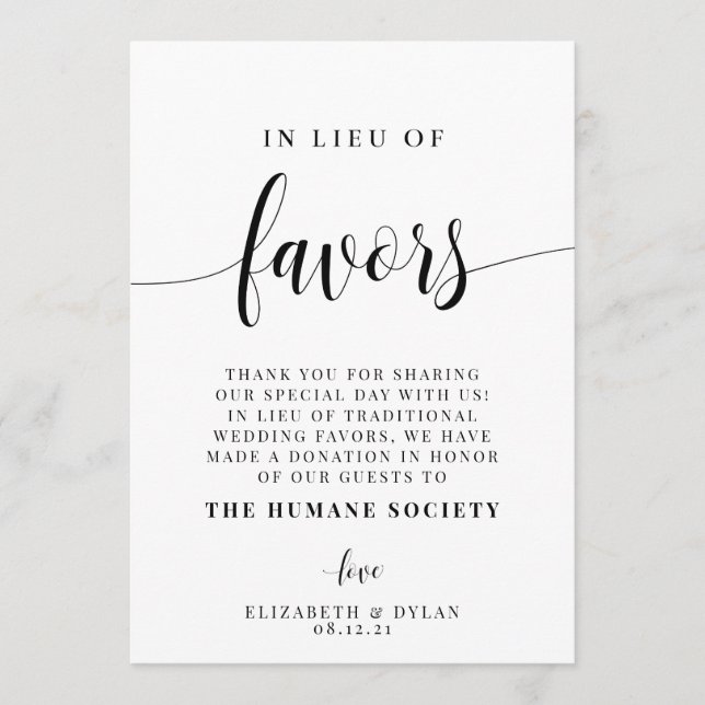 In Lieu Of Favours Wedding Table Card (Front)