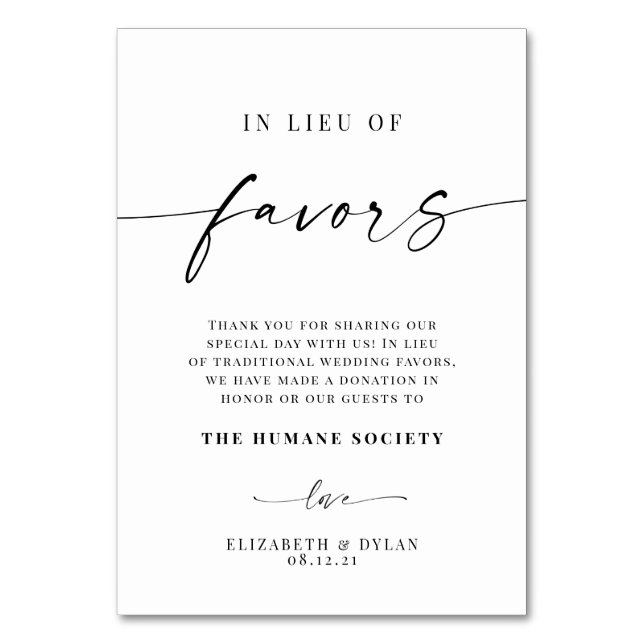 In Lieu Of Favours Wedding Table Card (Front)