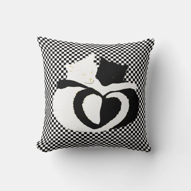 In Love Cats - black white cats tails heart shaped Cushion (Front)