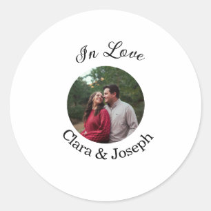In love couple circular photo name wedding romanti classic round sticker