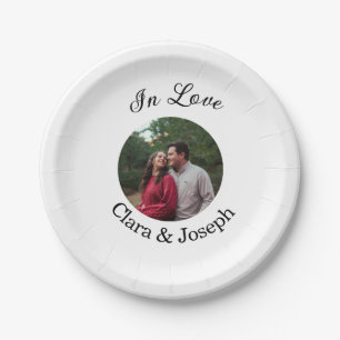 In love couple circular photo name wedding romanti paper plate