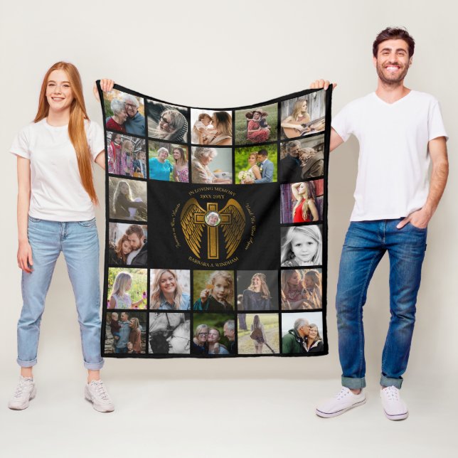 In Loving Memory 24 Photo Collage Cross with Wings Fleece Blanket (In Situ)