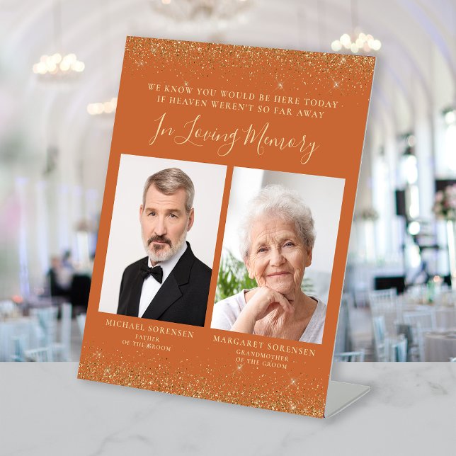In Loving Memory 2 Photo Burnt Orange Gold Wedding Pedestal Sign (Creator Uploaded)