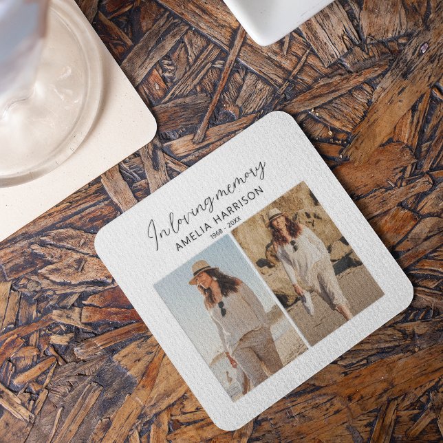 In Loving Memory 2 Photo Collage Memorial Square Paper Coaster (Creator Uploaded)