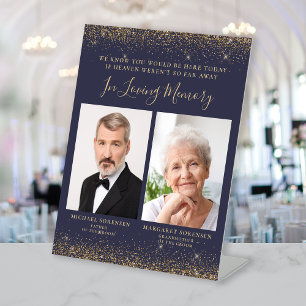 In Loving Memory 2 Photo Dark Blue Gold Wedding Pedestal Sign
