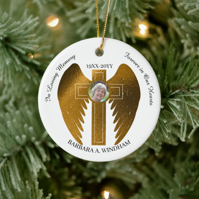 In Loving Memory 2 Photo Keepsake Cross with Wings Ceramic Ornament (Tree)