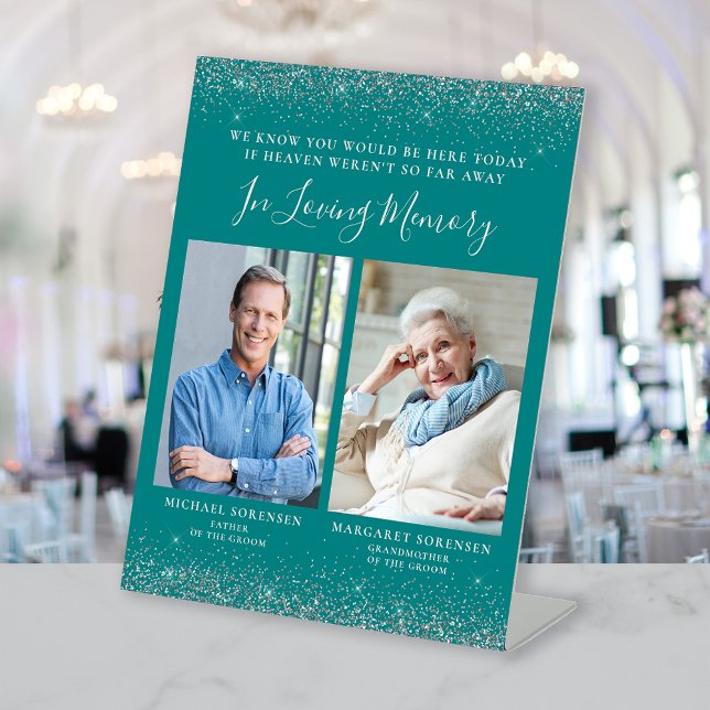 In Loving Memory 2 Photo Teal Blue Silver Wedding Pedestal Sign (Creator Uploaded)